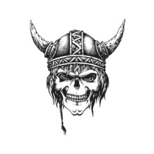 Viking Berserk Warrior Skull Wearing Horned Helmet. Print Or Tattoo Design. Hand Drawn Vector Illustration