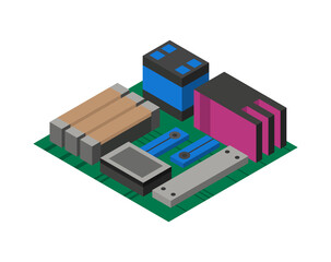 Aufkleber - Isometric circuit board with electronic components. Computer chip technology processor circuit and computer motherboard information system. Technology equipment device concept
