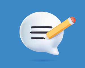 Fototapete - Speech bubble with pen. Copywriting, message writing, feedback concept. 3d vector icon. Cartoon minimal style.