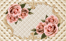 3d Wallpaper Pink Jewelry Flowers With Green Branches On Leather Frame Background