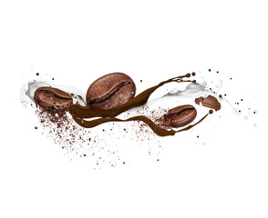 Wall Mural - Crushed coffee beans in milk and chocolate splashes