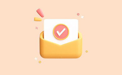 Letter with a check mark or confirmation in an open envelope. Approval concept. Realistic icon. Isolated on background. 3D Rendering