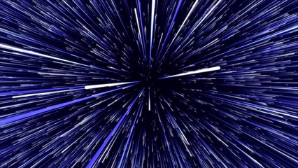 Poster - Abstract blue hyper jump. Digital hyperspace with flow of bright particles. Beams motion in galaxy. Big stars explosion. Space glowing tunnel moving at the speed of light. 3d rendering.