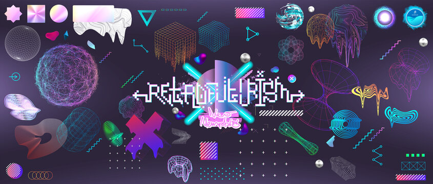 Trendy retrofuturistic geometric 3D shapes set. Futuristic set in in vaporwave style from 80s-90s. Old wave cyberpunk style. Shapes 3D, geometric elements for with neon and glitch effect. Vector set