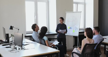 Canvas Print - Group of young ambitious professionals, company staff members take part in morning briefing led by Indian team leader, share creative ideas, solve business, discuss project. Teamwork, meeting concept