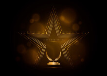 Golden Glowing Star With Laurel Wreath, Award Template On Black Background.
