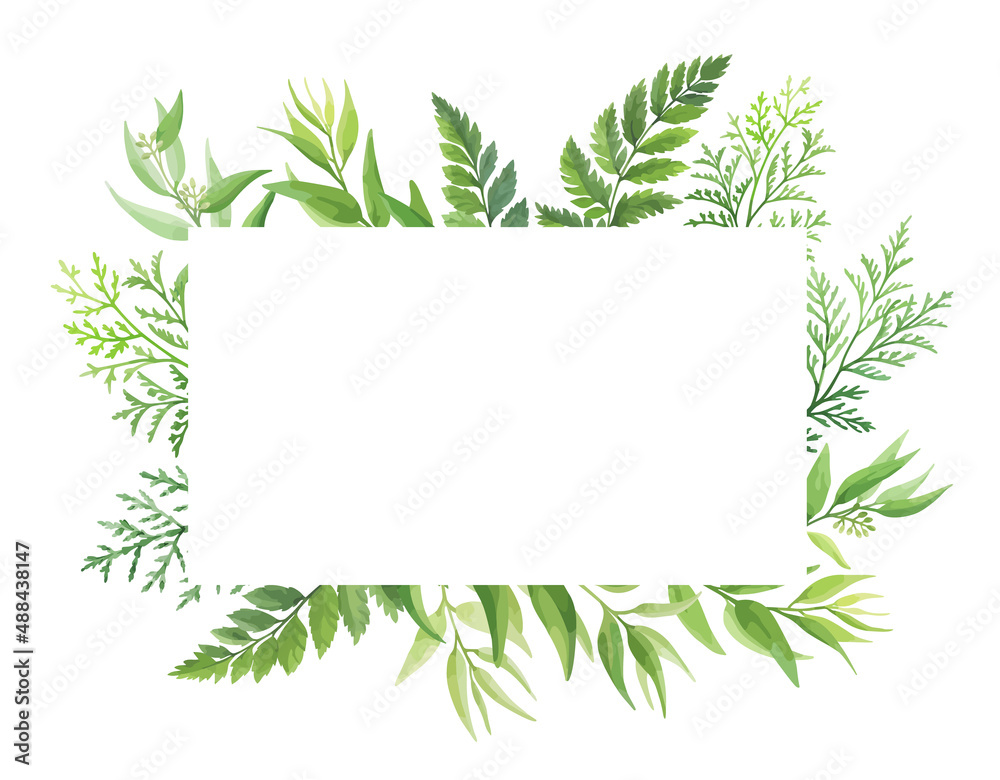 Green leaves rectangular frame template. Floral border with place for text. Forest herbs design. Vector illustration.