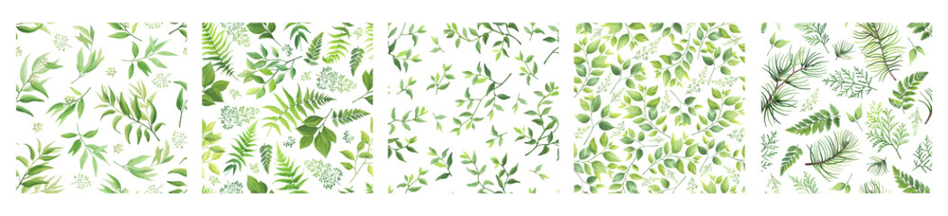 Wall Mural - Seamless pattern of different green leaves, foliage natural branches, fir tree, fern, herbs, eucalyptus. Floral wallpaper. Vector illustration.	