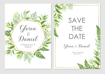 Wall Mural - Wedding invitation with green leaves border and geometric frames. Invite card with place for text. Frame with forest herbs. Vector illustration.