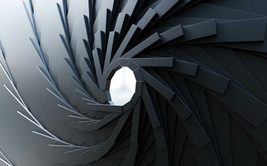 Poster - black circular pattern geometric shape background with bright lighting 3d render illustration