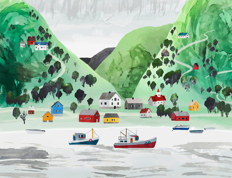 norway. undredal, village at aurland fjord. watercolor vector landscape with norwegian houses, trees