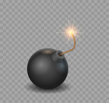 Black Bomb Realistic. Burning Fuse Glossy Explosive Dynamite Isolated. Dangerous Destruction Sphere
