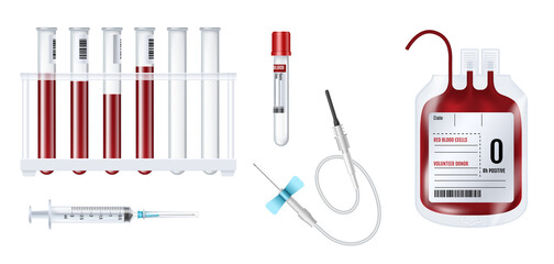 Blood donation, transfusion and testing equipment. Realistic blood bag tubes, syringe and droplet