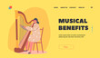 Little Girl Perform on Stage with Harp Landing Page Template. Baby Playing Classical Music on Scene. Child on Stage