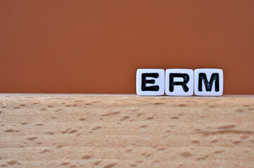Poster - Word cubes lined up with the letters ERM written on it. It is an abbreviation for Enterprise Risk Management. Copy space available.