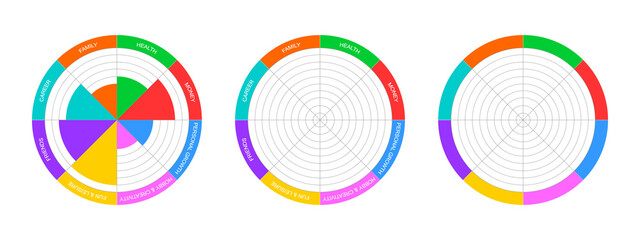 Wheel of life example and templates set. Circle diagrams of lifestyle balance with 8 colorful segments. Coaching tool in wellbeing practice isolated on white background. Vector flat illustration