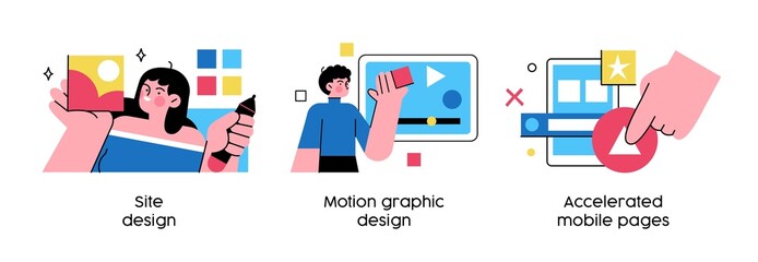 Poster - Web development services - set of abstract business concept illustrations. Web design, motion graphic, mobile pages. Visual stories collecction.