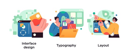 Fototapete - Interface design, typography and layout concept with tiny people. UI design abstract vector illustration set.