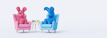 Cute Easter Bunnies Sitting In Armchairs With The Painted Eggs. Easter Holiday Concept On White Background 3d Render 3d Illustration