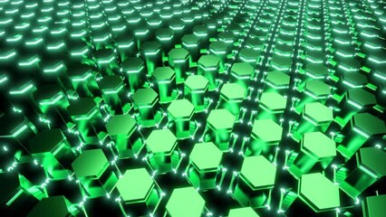 Poster - Green background.Design. Green pentagons rise in 3d format in abstraction and fall back.