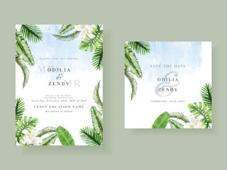 Wall Mural - Beautiful tropical leaves wedding invitation card template