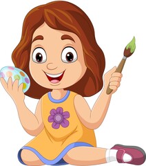 Poster - Cartoon little girl painting an easter egg