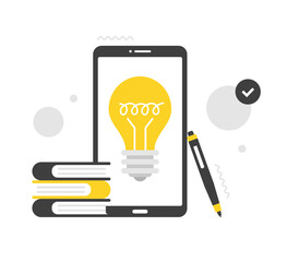 Poster - Business idea. Digital solution. Mobile phone with light bulb on screen, books and pen. Modern technology. Flat design. Vector illustration