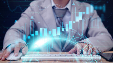 Poster - Double exposure businessman analyzes sales data and an economic growth graph chart on a computer. Business strategy and planning. Examining exchange trading. Banking and financial services. 