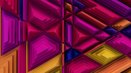 Multicolored Tech Background with a Geometric 3D Structure. Vibrant, Stepped design with Extruded Futuristic Forms. 3D Render.