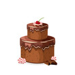 Pyszny tort czekoladowy z ciemną polewą, wiśniami i cukierkami. Ciasto urodzinowe - piętrowe. Wektorowa ilustracja. Słodkie jedzenie, kolorowy pyszny deser na przyjęcie.