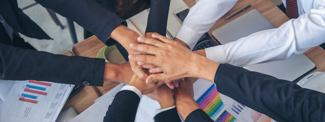 Banner diversity solidarity team multiethnic Partners hands together teamwork. Group of multiracial meetings joins hands together. Panorama Diversity people hands join empower trust team solidarity