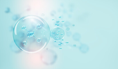molecule inside liquid bubble. skin care cosmetics, 3d illustration