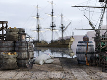 Background Of A Pirate Docking Port With Various Trade Goods And A Pirate Ship In Background. Backdrop Is Ready For Your Character, Imagination And Creativity. 3d Rendering