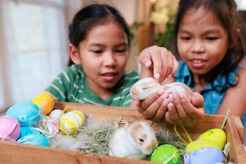 Wall Mural - Asian siblings children are playing with baby bunny and decorating easter eggs preparing for Easter at home together with fun. Happy family Happy easter Happy holiday.