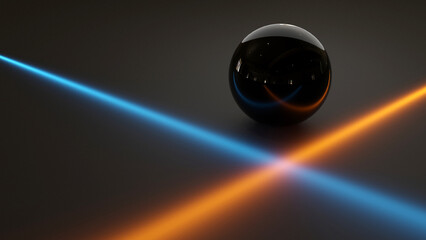 A black shinning ball on a black floor with 2 light beams (blue and orange light beam that crossing each other) (3D Rendering)