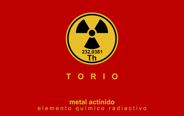 Wall Mural - Silvery-white metal. THORIUM, radioactive chemical. Text in Spanish. Actinide element, symbol Th and atomic number 90. Danger. ILLUSTRATION. Radioactivity logo on yellow. Red hue fund. 