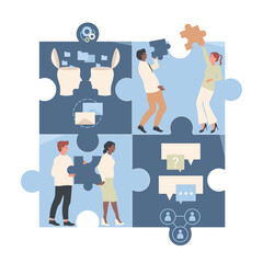 Wall Mural - Teamwork of business people inside connected puzzle vector illustration. Cartoon employees brainstorming, standing with pieces of jigsaw to solve problem, building success career and cooperation