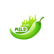 Green color mild level spicy chili pepper isolated label and fire flame, flat cartoon flavour taste meaning. Vector flavoring seasoning condiment, mild medium scale of hot in menu, salad ingredient