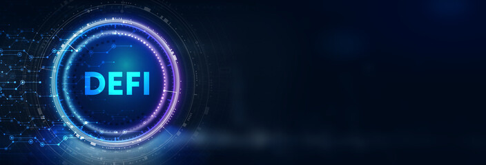 DeFi -Decentralized Finance on dark blue abstract polygonal background. Concept of blockchain, decentralized financial system. 3d illustration