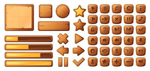 Wooden buttons for game user interface, user interface elements isolated on white background. vector cartoon illustration.