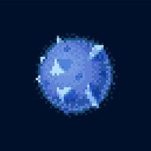 Blue Pixel Art Neptune Or Moon Planet, Pixelated Ball With Spikes In Cosmos Isolated On Black. Vector Solar System Planet, Fantasy Alien World Of Water Or Aqua,cartoon 8 Bit Game Globe Universe