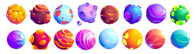 Set Of Fantastic Alien Planets, Cartoon Asteroids, Galaxy Ui Game Cosmic World Objects, Space Design Elements. Pimpled Spheres, Comets, Moon With Craters On Surface, Plasma And Ice Vector Illustration