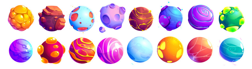 Poster - set of fantastic alien planets, cartoon asteroids, galaxy ui game cosmic world objects, space design