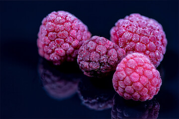 Wall Mural - Close-up of frozen raspberries on black reflecting underground