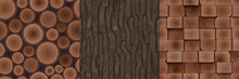 Wooden Textures Of Cut Trunks, Brown Tree Bark And Boards. Vector Cartoon Set Of Seamless Patterns With Woodpile, Stack Of Logs, Timbers, Lumber And Rough Tree Cortex