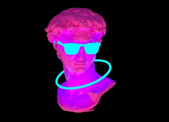 Poster - 3D illustration of a sculpture of a bust in neon glasses. Futuristic vaporwave style image.