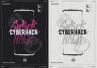 Tech Abstract poster template with HUD elements. cyber culture, Modern flyer for web and print. hacking, Cyberpunk futuristic poster. programming and virtual environments.
