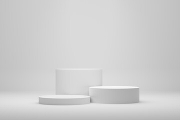 Wall Mural - Blank white podium platforms or pedestals with white background for product display. Empty stands for showing or presenting products.