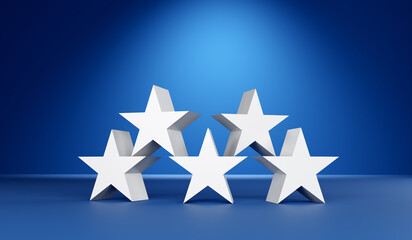 five stars performing on the stage with blue background five star rating show award concept
