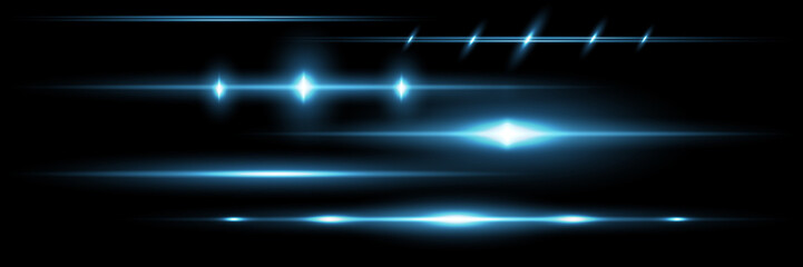 Sticker - Blue horizontal lens flares pack. Laser beams, horizontal light rays.Beautiful light flares. Glowing streaks on dark background. Luminous abstract sparkling lined background.